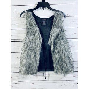 Teeze Me Vest Womens Sz Large Black White Faux Fur Knit Gray Back Leather Tie